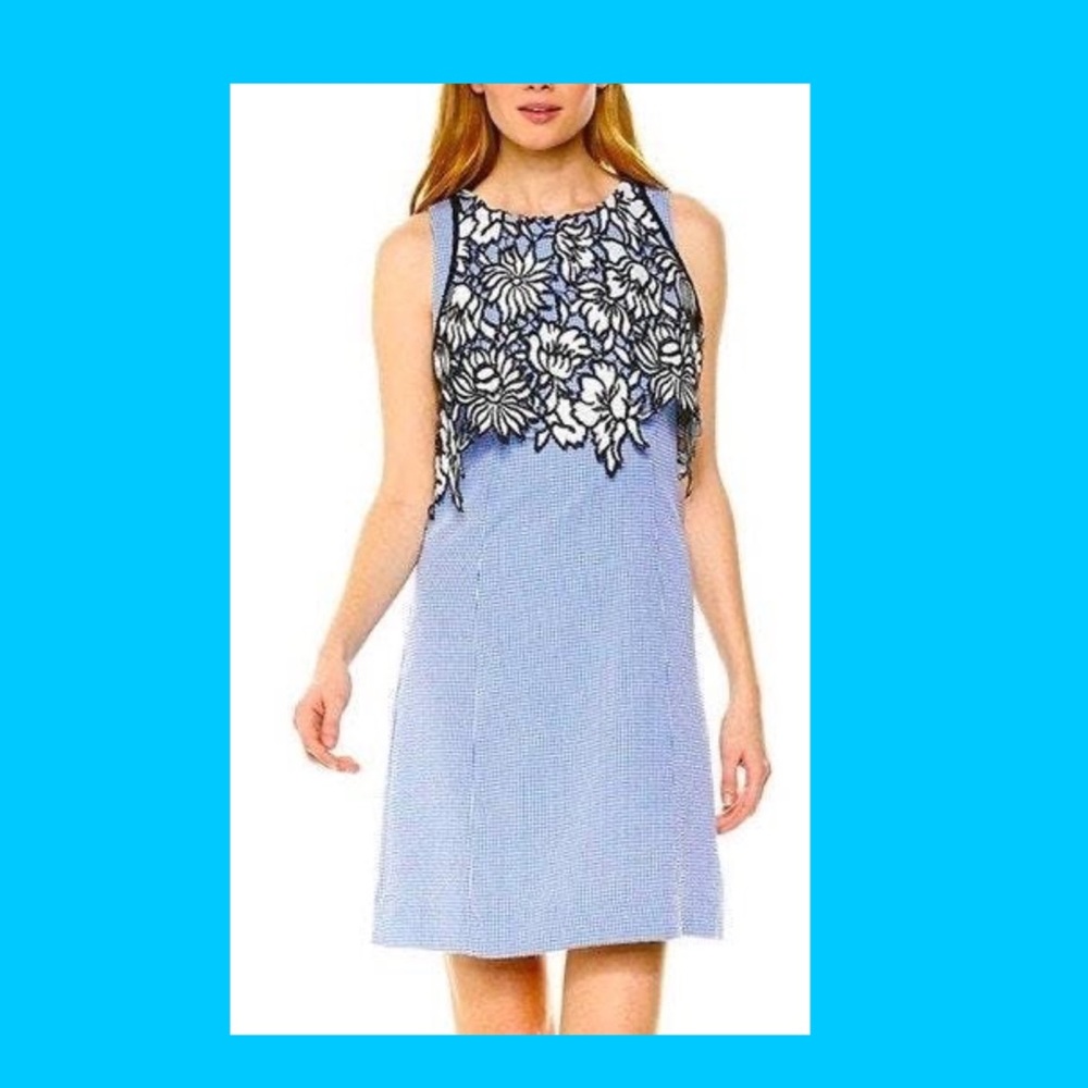 Nicole Miller Blue Gingham Lace Popover Dress